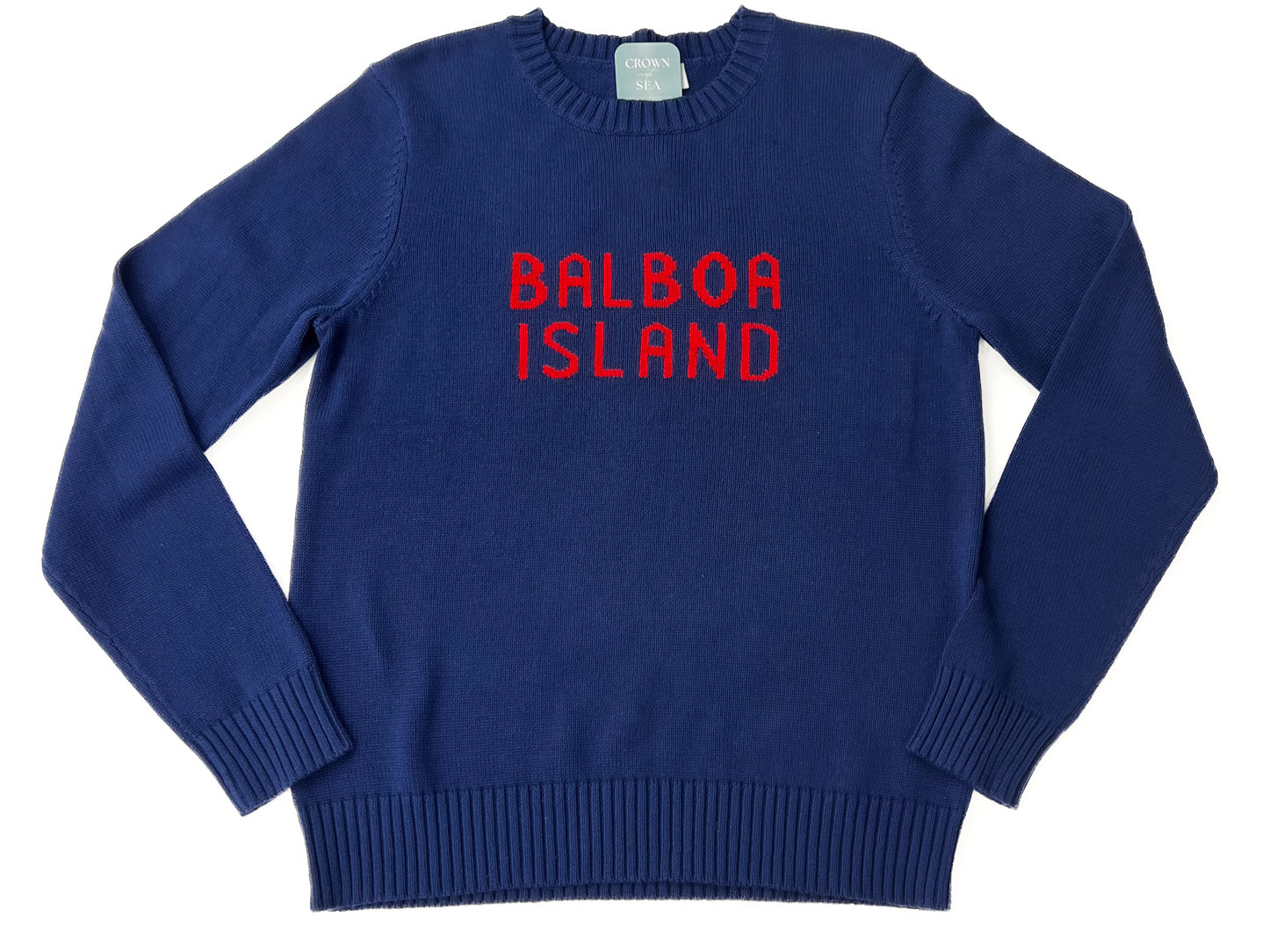 Balboa Island Blue Sweater with Red Stitch